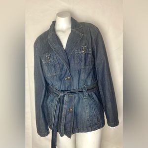 French Cuff Belted Denim Jacket Size L. Blue Jean safari style jacket.